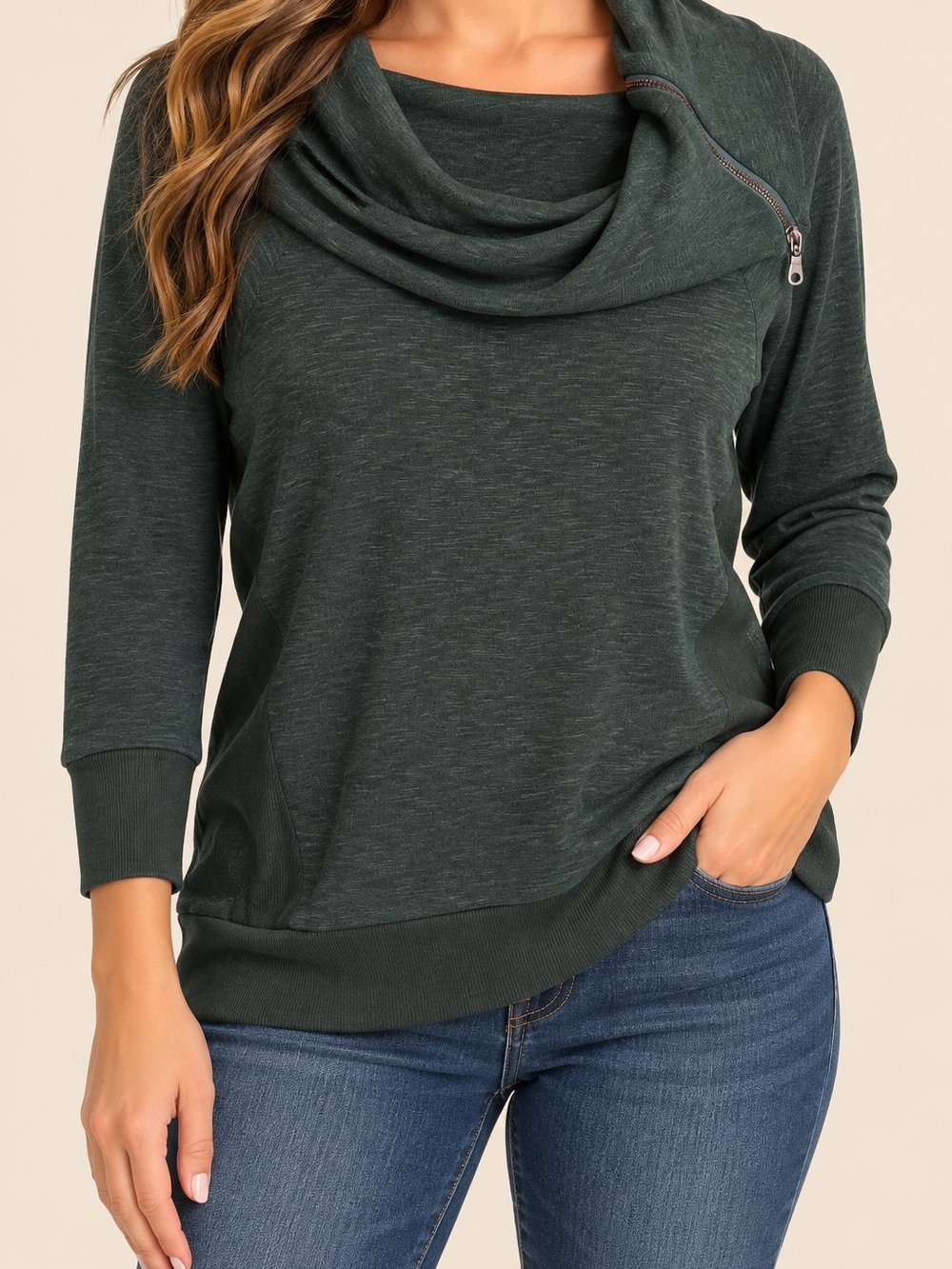 Laila Jayde Busby Cowl Neck Zipper Detail Knit Top Knit Top Green Large